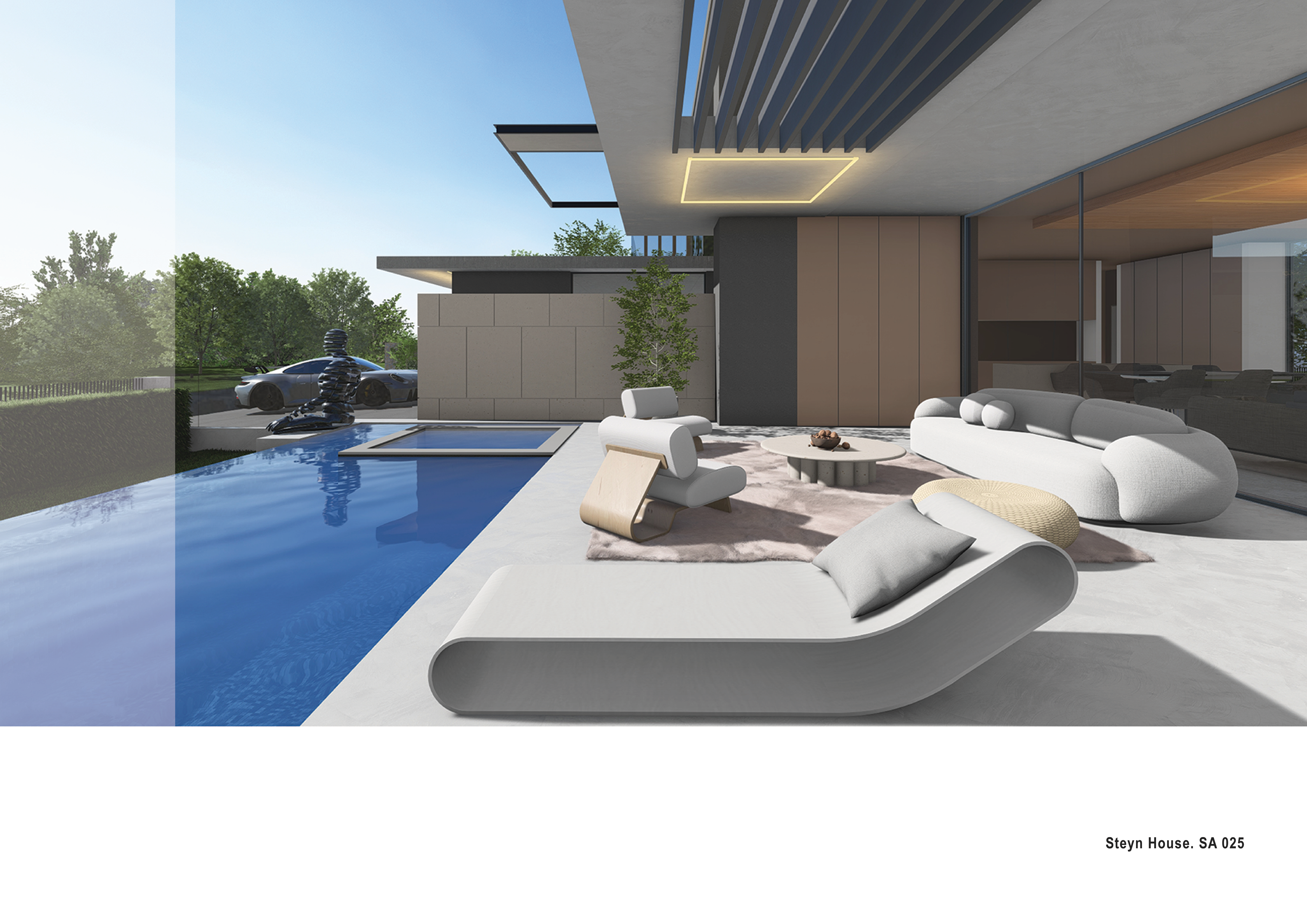 Steyn City Residence I street elevation with cantilevered roof plane, timber louvres, and black Porsche